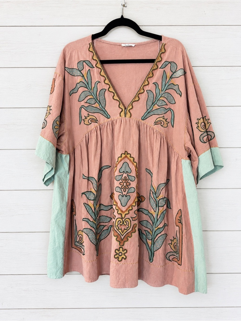 Embroidered Boho Dusty Rose & Mint Oversized Mini Dress L